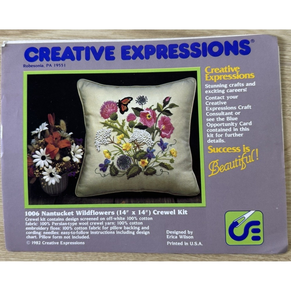 1982‎ Creative Expressions Nantucket Wildflowers Crewel Pillow Kit 14x14